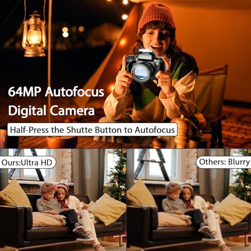HOCAN Digitalkamera, 4K 64MP Touchscreen Kamera Fotokamera mit WiFi Blitz, 16X Digitalzoom Autofokus Kompaktkamera mit 3000mAh Akku, 32GB TF-Karte, Haube, Linsentuch, Kameratasche – Bild 3
