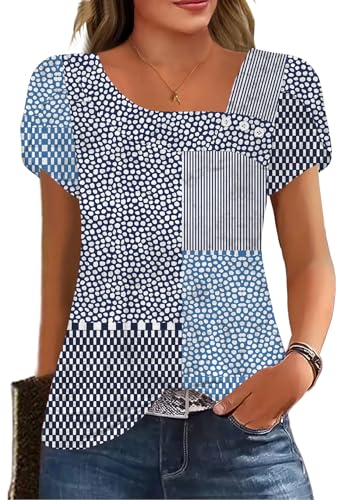 Image of Womens Petal Sleeve Tops Summer Trendy T Shirt Casual Loose Square Neck Button Blouse Tees