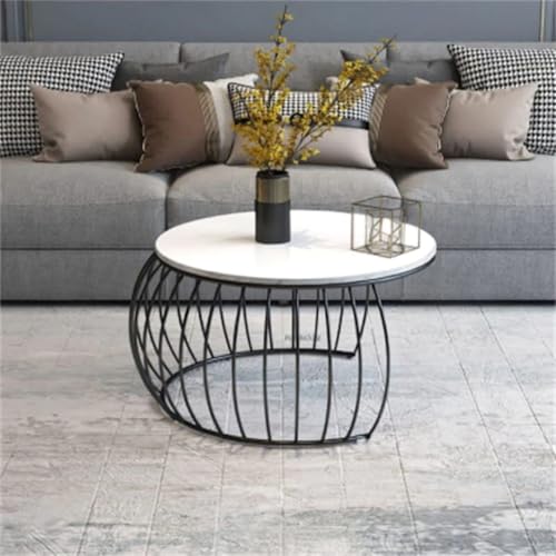 Image of Modern Coffee Tables Round Marble Laminated Tables Set of 2, Stacking Couch Center Table with Golden Metal Frame for Living Room, Bedroom or Apartments (Black White)