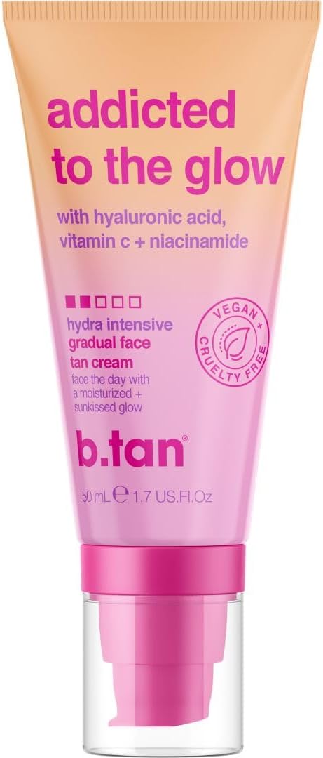 b.tan Gradual Self Tan Face Lotion | Addicted to the Glow - Daily Faical Tanning Cream for a Sunkissed Dark Bronze, Best Sunless Moisturizer, Hydrating Vitamin C, Travel Size, No Fake Tanner Smell