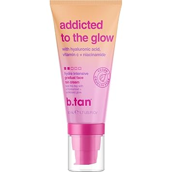 b.tan Gradual Self Tan Face Lotion | Addicted to the Glow - Daily Faical Tanning Cream for a Sunkissed Dark Bronze, Best Sunless Moisturizer, Hydrating Vitamin C, Travel Size, No Fake Tanner Smell