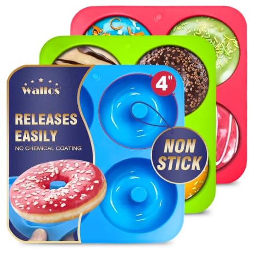 Walfos Full Size Silicone Donut Mold - 4 Inch Big Size Silicone Doughnut Pan Set, Non-Stick, Just Pop Out! Heat Resistant, BPA FREE and Dishwasher Safe, for Donut Cake Biscuit Bagels (3PK)