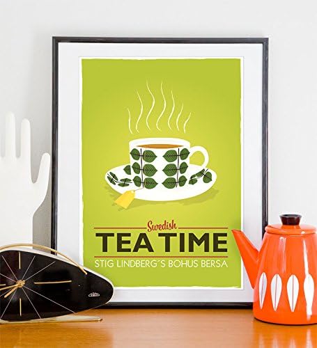 Swedish Tea time, Tea poster, Retro kitchen decor, Stig Lindberg, Scandinavian design art, lime art,