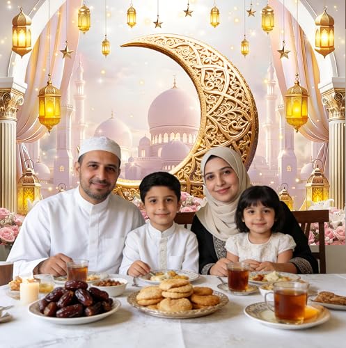 Ramadan Mubarak Photography Backdrop Eid Crescent Moon Mosque Dome Islamic Muslim Castle Background Eid al-Adha Party Decoration Festival Photo Props (82x59 inch (7x5FT)) by APDECCLK - Used condition - Image 4