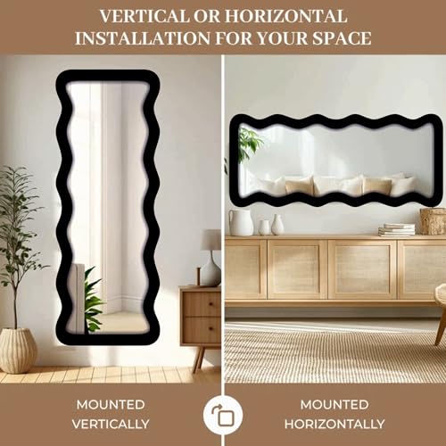 Image of Creative Arts n Frames 22 x 52 inch Full Length Dressing Chevel Long MDF Wood Zigzag Curvy Irregular Shape Framed HD Mirror Home Decor Items (Classic Black Zigzag2 Full Length Mirror)
