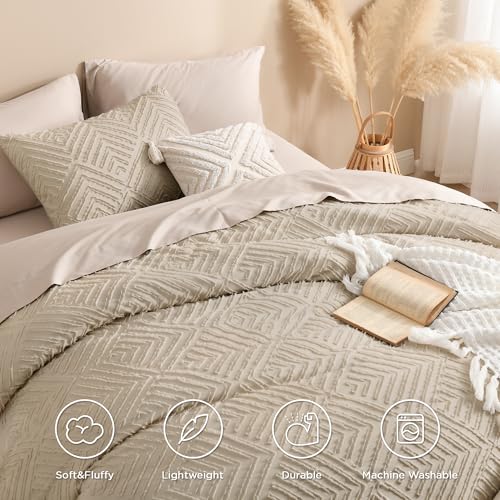 Image of Andency Khaki King Size Comforter Set, 3 Pieces Boho Soft Bedding Set & Collections, Farmhouse Tufted Fluffy Warm Bedding Comforter Sets for King Bed (1 Comforter 104x90In, 2 Pillowcases)