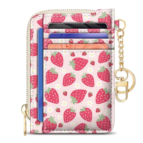 Image of GIANCOMICS Slim Wallet Credit Card Holder Women, Strawberry Rfid Blocking Small Card Case, Keychain Thin Pocket Curved Zipper Wallet, Travel Card Holder PU Leather ID Window, Ladies Female Gifts