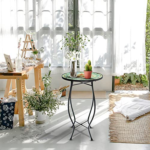 Patio Side Table Outdoor Mosaic Table Accent Coffee Table,Plant End Table Small Porch Pink Floral Table Indoor,Round Glass Balcony Small Porch Plant Table Stands For Garden Patio Living Room 14 Inch #TOP4