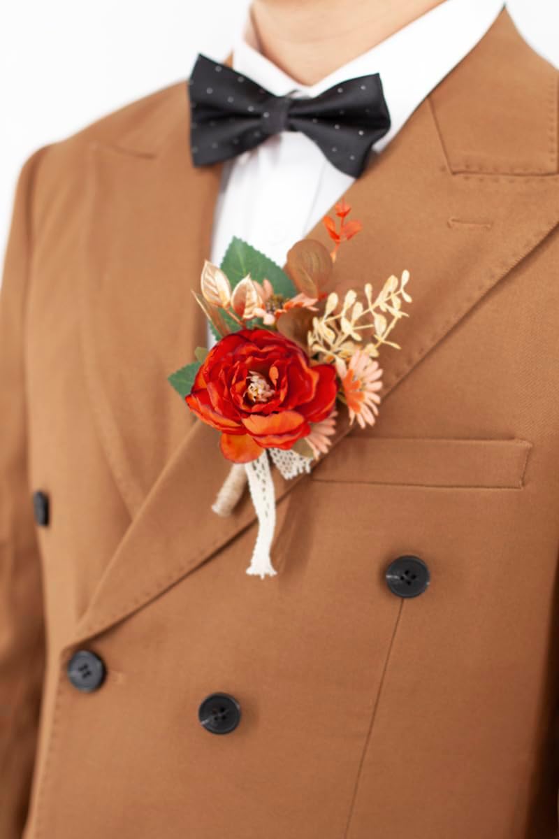 Ansofi Set of 6 Burnt Orange Boutonniere for Men for Wedding, Groom Groomsmen Boutonniere for Boho French Rustic Wedding Ceremony, Anniversary Prom Homecoming Formal Dinner Party