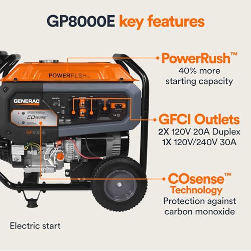 Image of Generac 10,000 Starting Watt Portable Gas Generator | Electric Start with Battery, PowerRush Technology, COsense Carbon Monoxide Detection, 11 Hour Runtime, 49-State Compliant