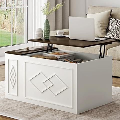 OtterOasis Lift Top Coffee Table, 39.4" Farmhouse Coffee Table with 3 Large Hidden Storage, Rectangle Coffee Table for Living Room with Adjustable Shelf and Exquisite Door, White Cover