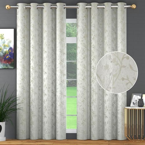 Image of FRESH FROM LOOM Heavy Jari Jacquard Premium Luxury Elegant Floral Curtain 9 Feet Long Door | Semi Blackout Fabric | Light Blocking 80% Light Reduction | Fade Resistant Parda (9ft, Cream, 2pc)