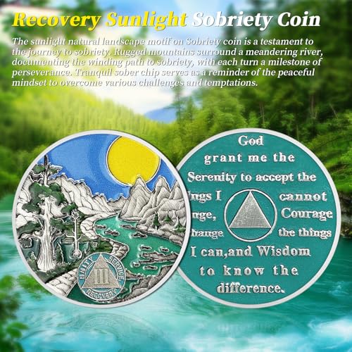 Image of Sunlight 3 Year Sobriety Coin - Recovery Three Year AA Coins - Serenity Prayer NA AA Chips and Medallions - 1-65 Prime Living Clean Sober Token - Narcotics Alcoholics Anonymous Gifts for Men Women