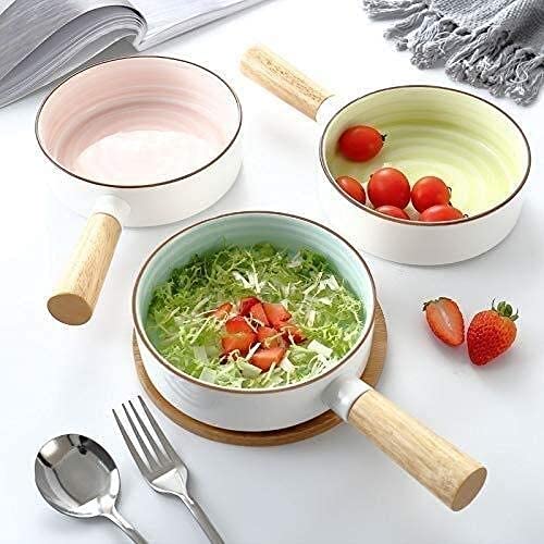 ERoomQ Pasta Bowls Home Big Wrist Creative Ceramic Bowl Italian Salad Bowl with Wooden Handle Dessert Bowl Fruit Bowl Bowl Dessert Bowls Western Decorativ,Blue-25.6X15.3X4.6CM (Pink 25.6X15.3X4.6CM)
