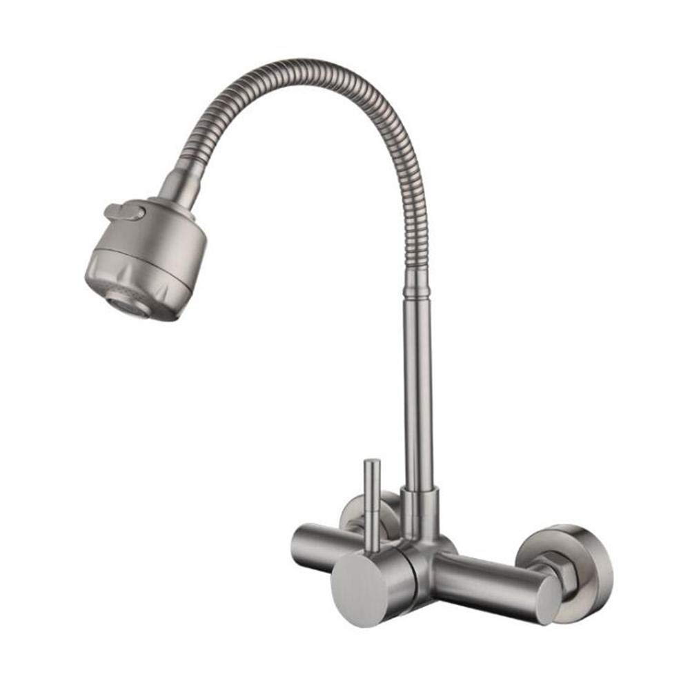 Robinet de cuisine mural en acier inoxydable brossé avec mitigeur eau chaude et froide