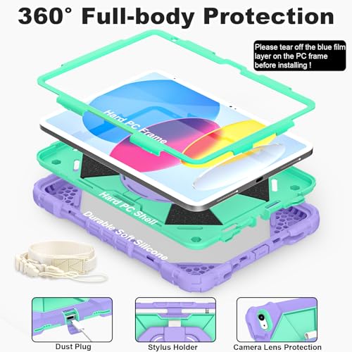 Image of WESOROL Case for iPad (A16) 11th /10th Generation 2025 /2022 with Screen Protector Rotating Stand Pencil Holder Shoulder Strap Heavy Duty Shockproof Cover for iPad 10th Gen Case,Purple Green