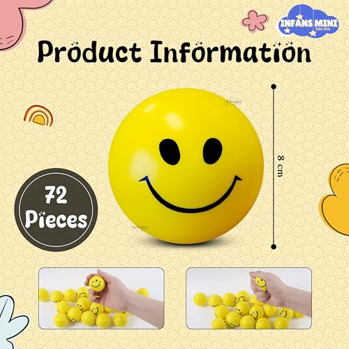 Image of Smiley Balls for Kids Non-Toxic Squeeze Toys, Soft Foam Sponge Ball for Hand Exercise & Stress Relief for Adults (Pack of 72)