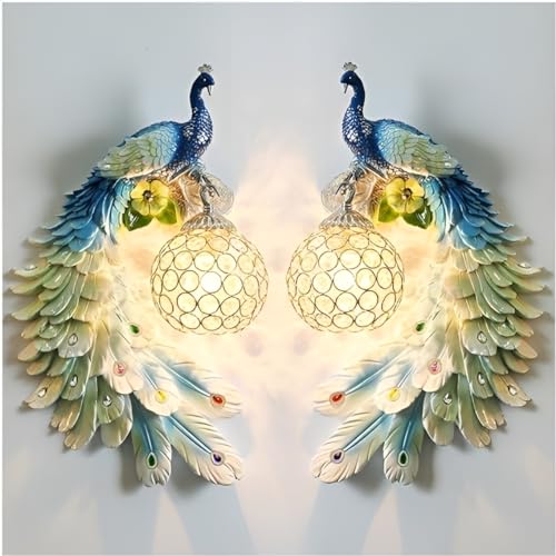 Image of Modern Peacock Wall Sconce | Resin Decorative Wall Lamp and Crystal Accents | European Retro Style Wall Light for Home Decor | Multicolour | Bulb Not Included