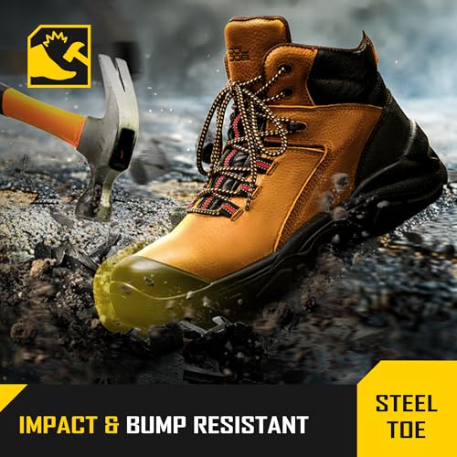 COOLJOB Steel Toe Work Boots for Men, Anti-spark Full Grain Leather Safety Shoes for Industrial Construction Workers, Soft Padded Lining, Non-slip PU Outsole, Impact Resistant Rubber Cap, Brown3