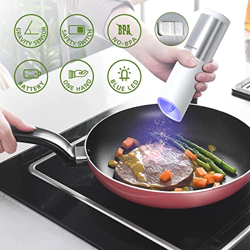 Forlim Gravity Electric Salt And Pepper Grinder Set Battery Operated, Adjustable Coarseness, Blue Led Light, One Hand Automatic Operation, Stainless Steel Black+White, 2 Pack #TOP1