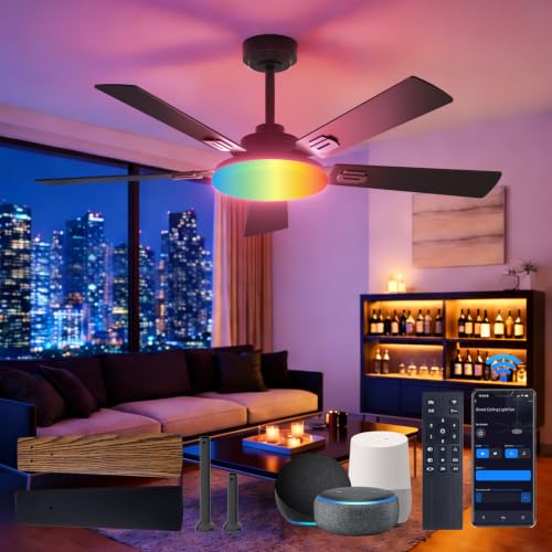 Image of Amico 52 inch RGB Smart Ceiling Fans with Lights, Downrod Mount, WiFi, Black | RGB Light, Music Sync, 3CCT Dimmable, App /Remote /Alexa /Google, Quiet 6 speeds Reversible DC Motor, Timer, Bedroom /Living room