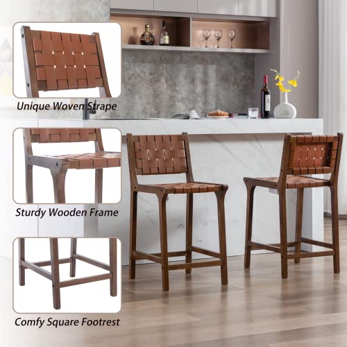 Butacos Modernos de Altura para Barra, Juego de 4 Unidades, Asiento con Cintas Tejidas en Poliuretano y Espalda Abierta, Color Madera Walnut, con Reposapiés, para Barra, Comedor o Isla de Cocina, Marrón miniatura 5