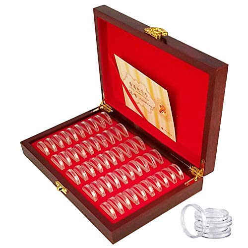 Preisvergleich Produktbild XIAMUSUMMER 50 Münzkapsel Halter mit Münzkassette aus Holz, Münzsammelbox, Münzalbum holz, Schützen Sie Dichtung Münze Halter Fall für Euro Coins and Souvenir Münzen (25 / 27 / 30mm)