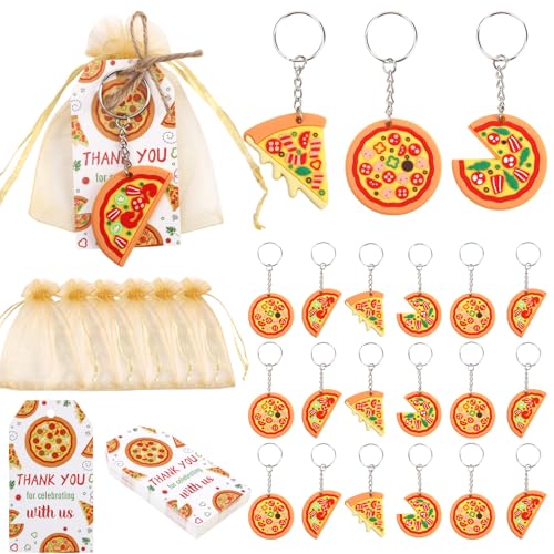 Serencatcher Pizza Party Decorations, 24 Sets Pizza Party Favors Thank You Tags Pizza Slice Theme Keychains Gold Organza Bags for Birthday Baby Shower Party Decorations