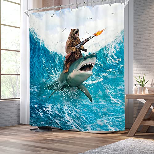 Image of Funny Bear Riding Shark Shower Curtain Humor Surfing 60Wx72H Inch Decor | Cool Animal Beach Blue Waves Ocean Birds Clouds Boys Men Art Waterproof Polyester Fabric Bathroom 12 Hooks