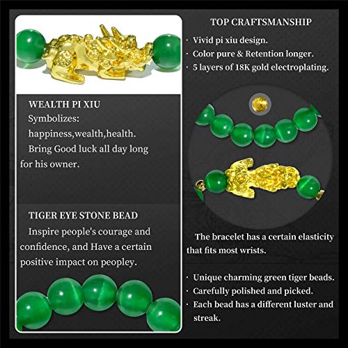 Zenbless Feng Shui Bracelet Luck Charm 10Mm Bracelet With Gold Plated Pi Xiu/Pi Yao Attract Wealth And Good Luck Amulet Gift(Green M) #TOP6