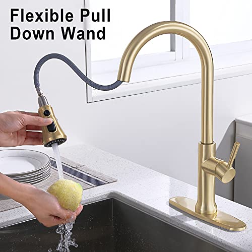 Goodcorner Touch On Kitchen Faucets With Pullout Sprayer, Sensor Faucets For Sinks, Including Hole Cover, 304 Stainless Steel Brushed Nickel, Gold #TOP6