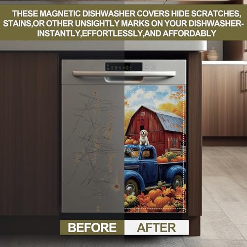 Image of Dishwasher Magnet Cover,Blue Truck Dishwasher Cover Magnetic Pumpking Leaves Home Appliances Refrigerator Decorative 23 inch x 26 inch