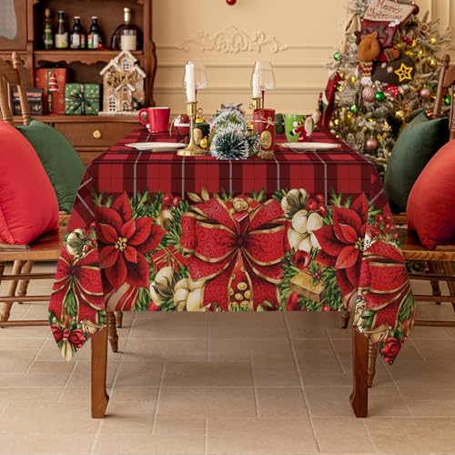 Softalker Christmas Rectangle Tablecloth Red Checkered Flower Xmas Table Cloths, Washable Polyester Fabric Table Covers for Dining, Parties & Holiday Decor(60 x 84 Inch) – Image 8