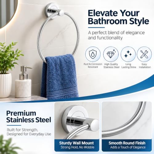 Image of Amazon Basics Stainless Steel Towel Ring for Bathroom | Towel Holder for Wash Basin | Hand Towel Hanger | Wall Mounted Towel Holder | Rustproof Towel Hanger for Washbasin