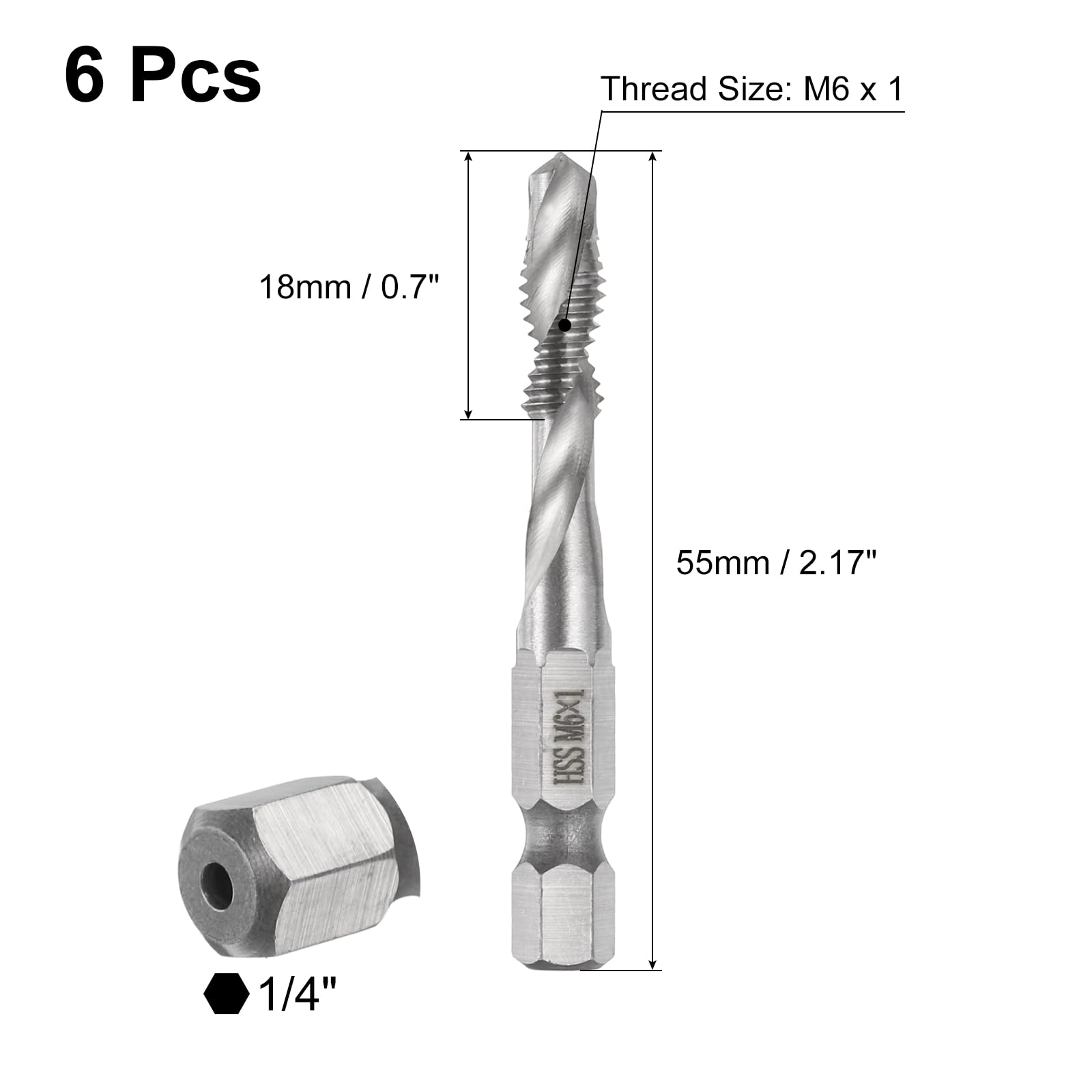 QUARKZMAN 6pz Punte Trapano Maschiatura Combinate Filettatura Metrica M6 x 1 Gambo Esagonale 1/4" Acciaio Rapido