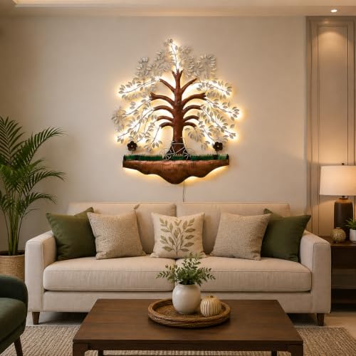 Image of Bharat Art Metal LED Tree Wall Art | Handcrafted Iron Tree Wall Hanging for Living Room, Bedroom, Hall & Office Pesto Tree White B, 31 x 2 x 40 Inch | WD056 (B)
