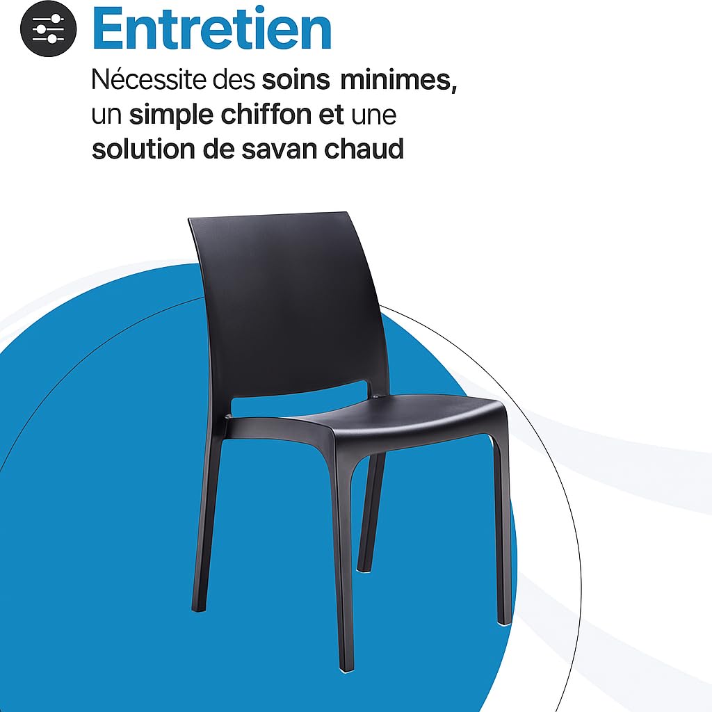 Tomaino - Chaise de cuisine en plastique - Lot de 6 chaises empilables en plastique avec accoudoirs pour l'extérieur et l'intérieur - Chaises pour jardin, salon, balcon ou bar - Noir