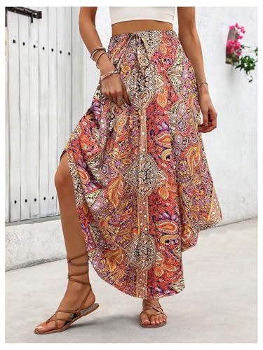 Verdusa Women's Boho High Waisted Floral Long Skirts Flowy Western Hippie Asymmetrical Maxi Skirt4