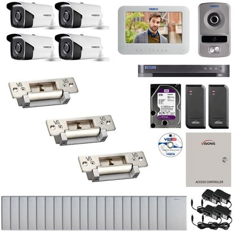Visionis and Vezco FPC-6957 Professional Integration Security 4 Bullet Cameras DVR with 2TB HD Included, 2 Door Access Control 10,000 User Electric Strike Exit Button and IP Video Intercom Kit