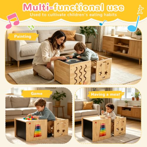 Image of Montessori Weaning Table and Chair Set for Toddlers Age 1-3, Multi-Sensory | Flip Stool to Adjust Height,Blackboard, Animal Matching Maze, Xylophone, Natural Wood,CPC Certification, for Dining, Painting