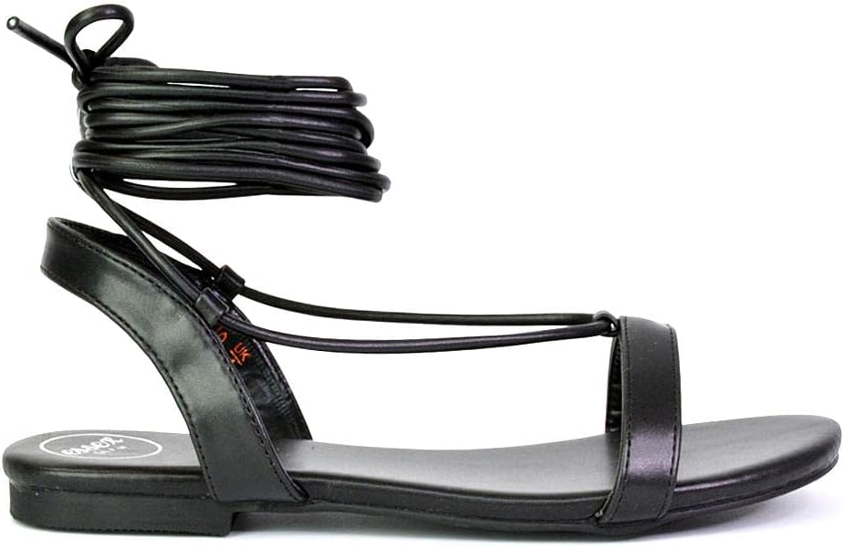 ESSEX GLAMWomens Flat Lace Up Sandals Ladies Strappy Ankle Strap Summer Shoes Size