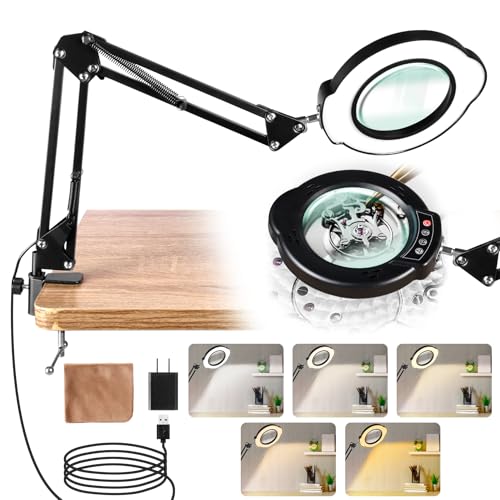 Jaenmsa 10X Magnifying Glass with Light and Stand, LED Desk Lamp with Clamp, 5 Color Mode...