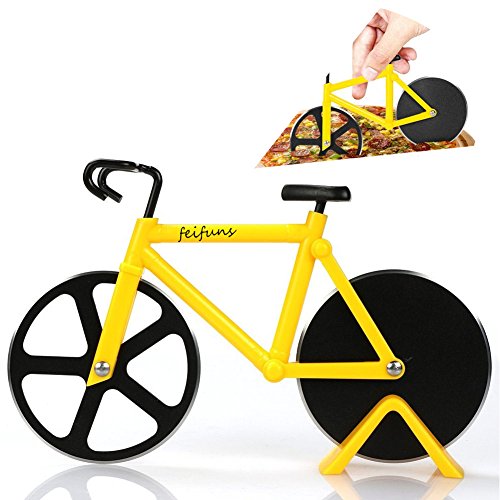 Pizza Cutter Bicycle Pizza Slicer Dual Stainless Steel Cutting Wheels with a Stand (Yellow)