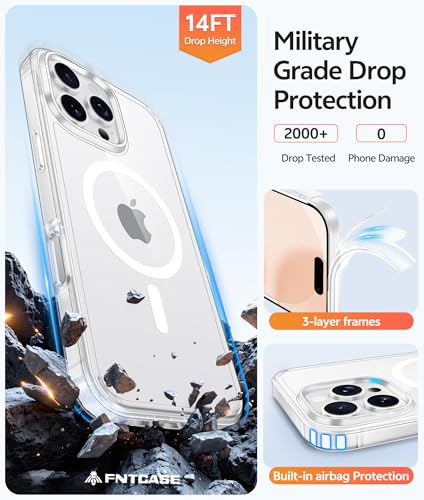 Image of FNTCASE for iPhone 16 Pro Max Case: [Compatible with Magsafe] [Screen Protector] Anti Yellowing Transparent Clear Magnetic Phone Cover - Military Grade Shockproof Drop Proof Protective Cases - Clear