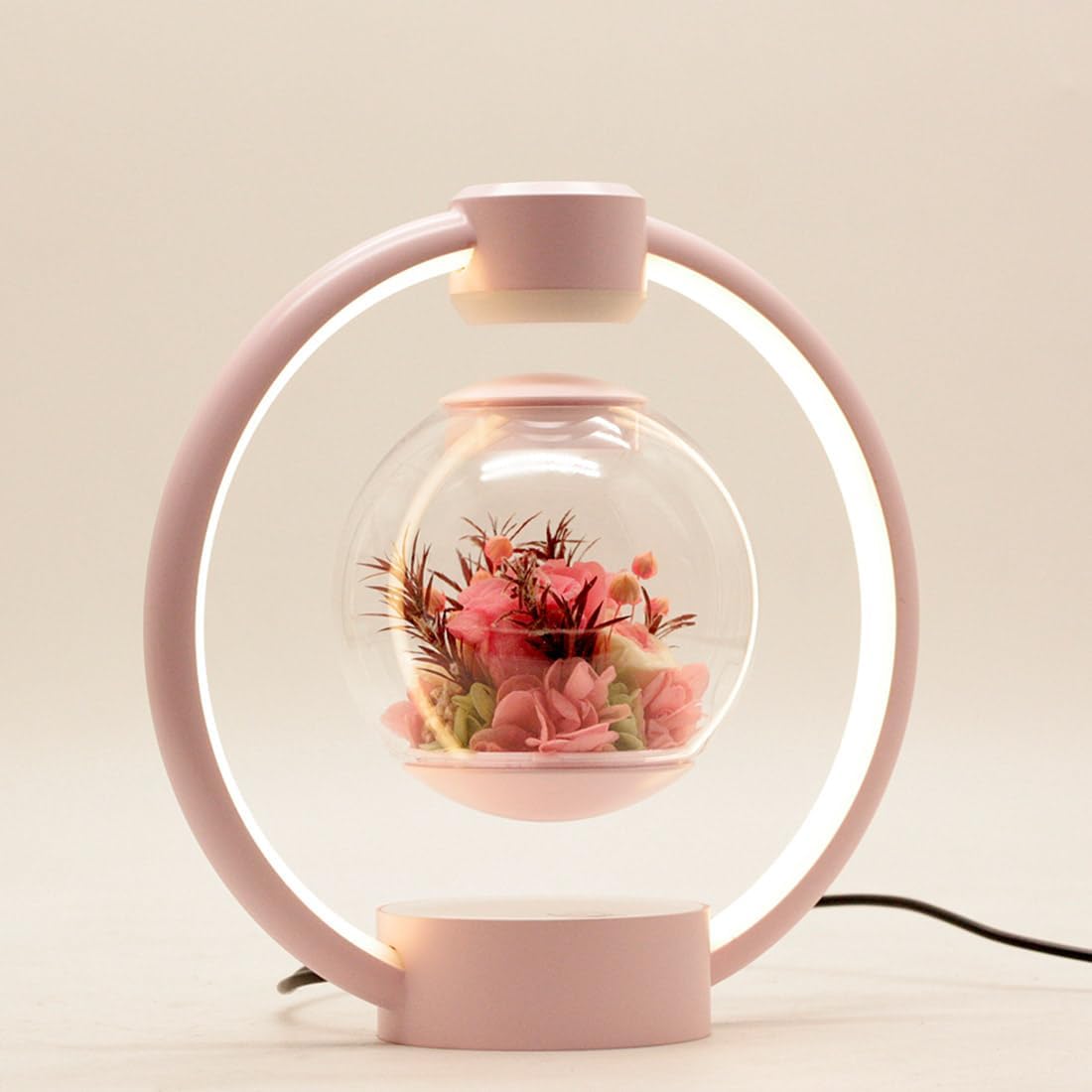 Magnetic Levitation Lamp, Levitation Eternal Flower Desk Lamp with LED Light, Night Light, Bedside Lamp, Cool for Home Office Decor, Unique Christmas Birthday Gift, Pink