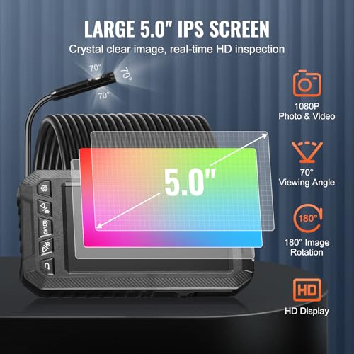 Image of VEVOR Endoscope Camera with Light, Triple Lens Borescope with 49.2FT Semi-Rigid Cable, 5 inch Screen 1080P Inspection Camera, 8 + 2 LED Lights, IP67 Waterproof Snake Cameras for Auto, Plumbing (32GB Card)