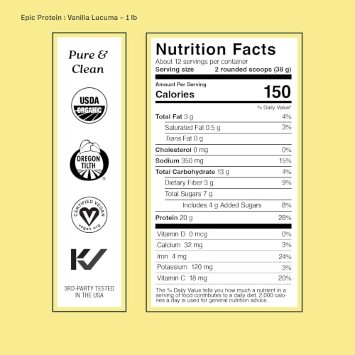 Image of Sprout Living Epic Protein, Plant Based Protein & Superfoods Powder, Vanilla Lucuma Powder | 20 Grams Organic Protein Powder, Vegan, Non Dairy, Non-GMO, Gluten Free, Low Sugar (1 Pound, 12 Servings)