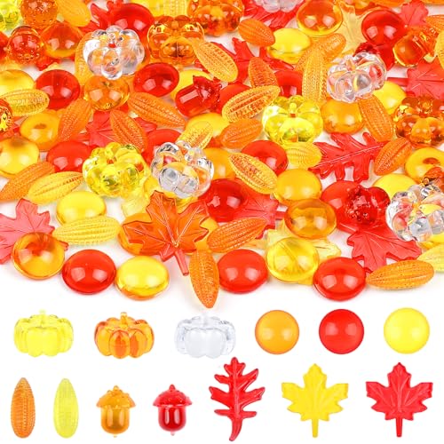 TaoQ C 160 PCS Thanksgiving Acrylic Leaves Fall Acrylic Mini Pumpkins Acorns Gems Decor for Fall Sensory Bin Filler Preschool Counting Thanksgiving Table Autumn Home Party Decoration