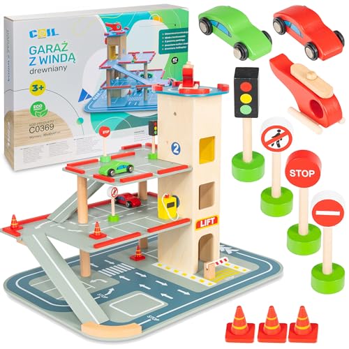 COIL Estacionamiento para Niños de Madera a Partir de 3 - Juguete Educativo S.T.E.M. - Garaje de Aparcamiento con Ascensor, Coches y Accesorios de Juguete