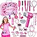 Lorfancy 49 Pcs Hair Salon Girls Toys Kids Pretend Play Makeup Sets Toddler Dress Up Beauty Hair Stylist Kit with Hairdryer Apron Curling Flat Iron Mirror Scissors Accessories Girl Birthday Gifts